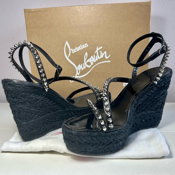 New! CHRISTIAN LOUBOUTIN MAFALDINA ZEPPA WEDGE SANDAL SPIKES BLACK LEATHER SZ 38 - Picture 9 of 15